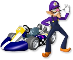 Artwork of Waluigi with his standard kart from Mario Kart Wii
