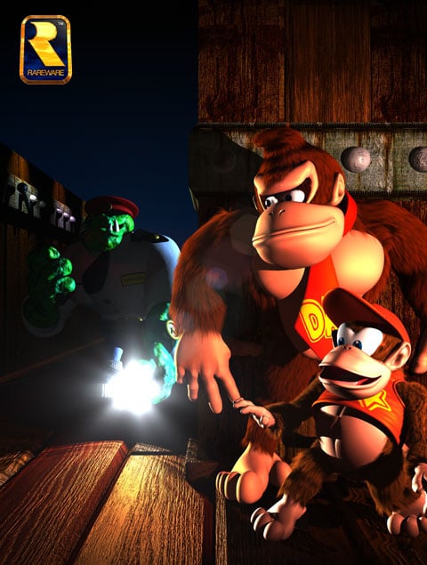 Donkey Kong stands with his back pressed against the wall in a dark, mostly wooden hallway. Diddy Kong stands in front of him. To the left of the image, there is a right-angle turn in the hallway just beyond where Donkey Kong and Diddy Kong are hiding, and approaching from around the corner is a Kremling in a police uniform. The Kremling is approaching the corner and has a flashlight pointed down the hall, towards the viewer. The Kremling is mostly obscured by shadow. In the upper left corner of the image is the Rareware logo.