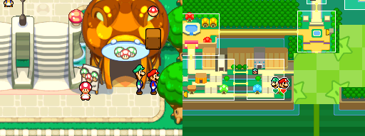 Mario and Luigi revealing a Mushroom Ball in Toad Town Mall