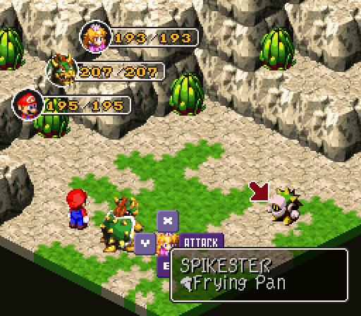 Princess Peach using Peach's frying pan in Super Mario RPG: Legend of the Seven Stars