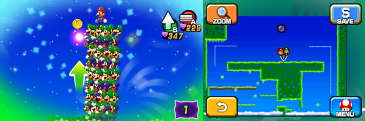 Mario and Luiginoids in the shape of the stack near 3 Coins (with one visible) in Dreamy Mushrise Park accessed by a Pink Pi'illo in front of Neo Bowser Castle of Mario & Luigi: Dream Team.