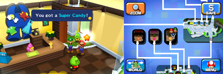 Mario getting a Super Candy from a Beanish person in Wakeport of Mario & Luigi: Dream Team.