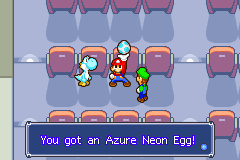 Mario and Luigi getting the Azure Neon Egg from starving azure Yoshi in Yoshi Theater of Mario & Luigi: Superstar Saga.