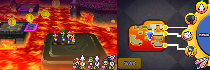 Group near 20 10-Coins and a 100-Coin in Bowser's Castle of Mario & Luigi: Paper Jam.
