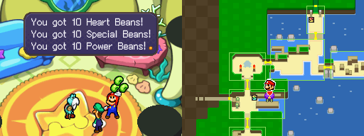 Mario and Luigi getting 10 Heart Beans, 10 Special Beans and 10 Power Beans from Kuzzle in Plack Beach