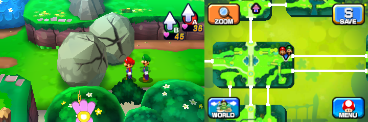 Mario and Luigi near two boulders containing a Coin each in Mushrise Park of Mario & Luigi: Dream Team.
