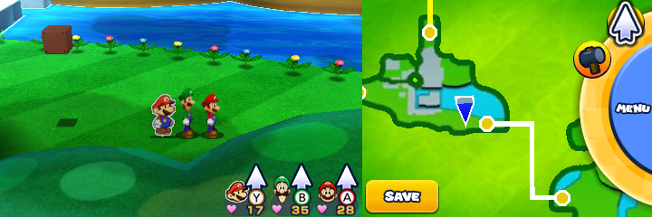 Group near 9 spinny flowers containing a Coin each in Sunbeam Plains of Mario & Luigi: Paper Jam.