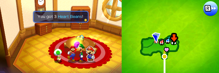 Mario getting 3 Heart Beans from a Know-It-All Toad in Sunbeam Plains of Mario & Luigi: Paper Jam.