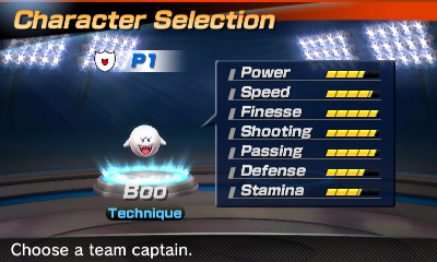 Boo's stats in the soccer portion of Mario Sports Superstars