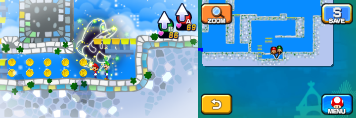 Mario and Luigi near 10 Coins in Dreamy Wakeport accessed by Big Massif's Dreampoint of Mario & Luigi: Dream Team.