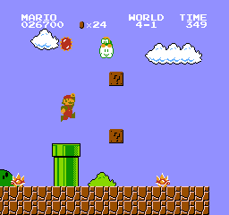 Lakitu throwing Spinies at Mario in World 4-1 of Super Mario Bros.