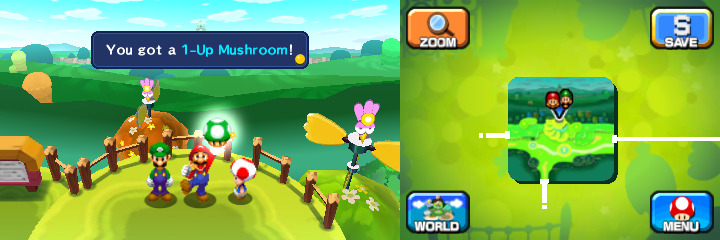 Mario being given a 1-Up Mushroom from a Toad in Mushrise Park of Mario & Luigi: Dream Team.