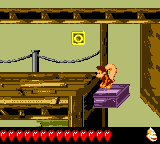Dixie Kong takes an elevator platform up to the letter O of Total Rekoil from Donkey Kong GB: Dinky Kong & Dixie Kong
