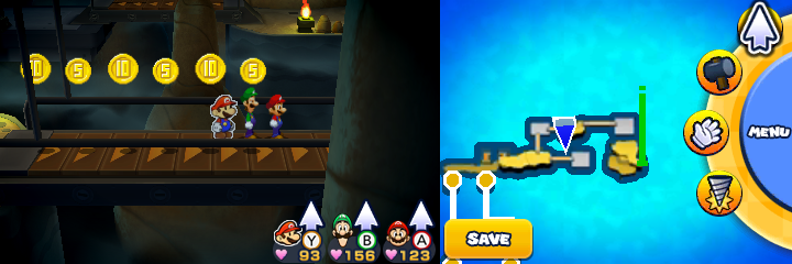 Group near 3 Five Coins and 3 10-Coins in Twinsy Tropics of Mario & Luigi: Paper Jam.