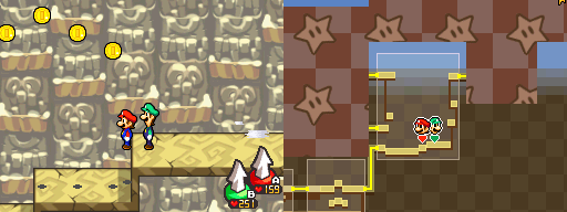 Mario and Luigi near 4 Coins in Plack Beach of Mario & Luigi: Bowser's Inside Story.