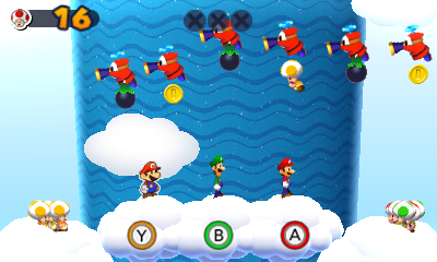 Group of Fly Guys holding 2 Coins in Sky High Flyby mission of Mario & Luigi: Paper Jam.