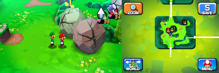Mario and Luigi near two boulders containing a Coin each in Mushrise Park of Mario & Luigi: Dream Team.
