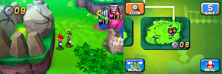 Mario and Luigi near two boulders with one containing a Coin in Mushrise Park of Mario & Luigi: Dream Team.