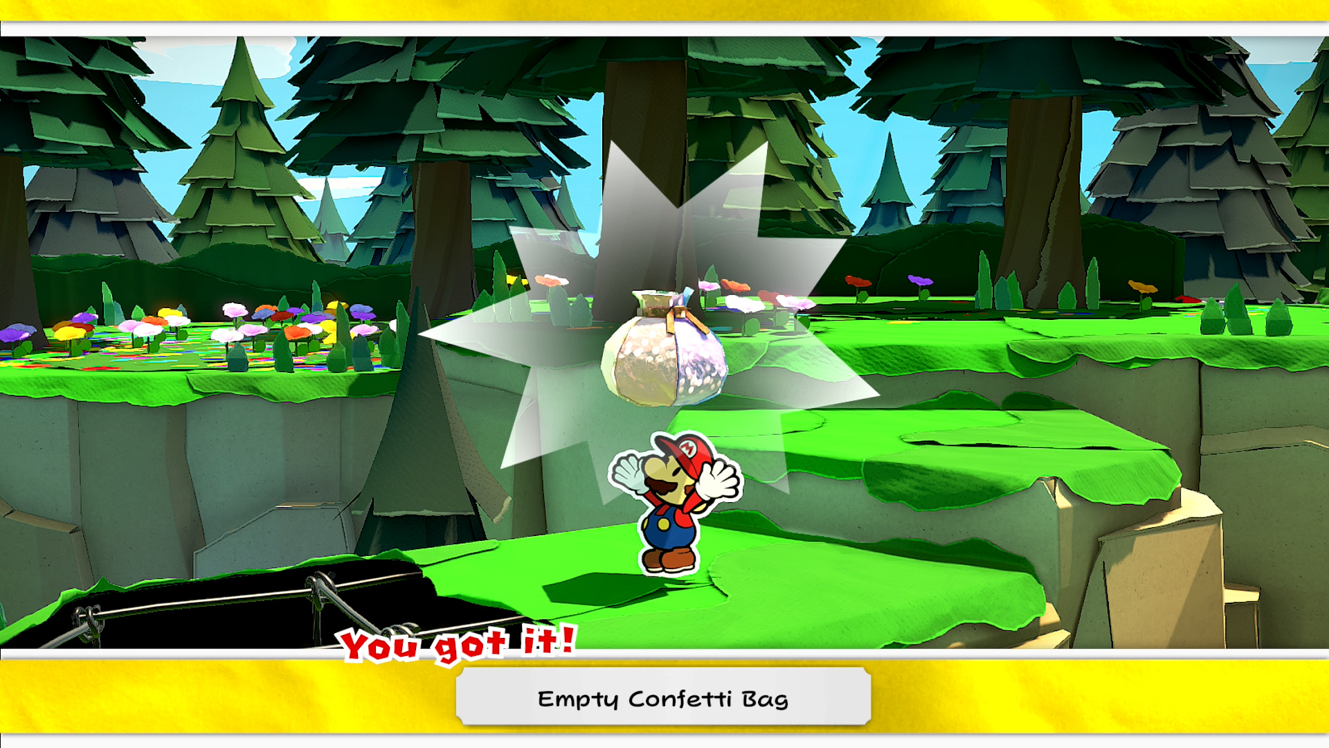 Olivia throws Mario an empty Confetti Bag