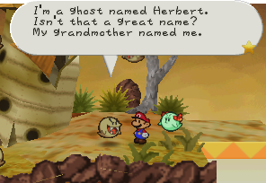 Mario and Lady Bow talking to Herbert in Paper Mario