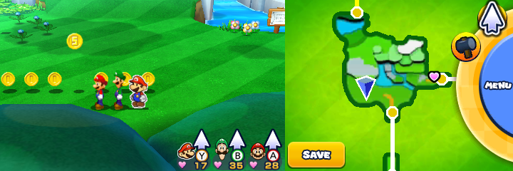 Group near 6 Coins and a Five Coin in Sunbeam Plains of Mario & Luigi: Paper Jam.