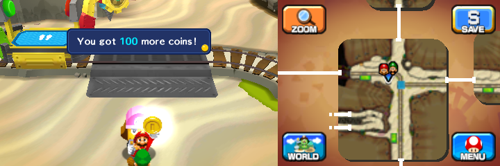 Mario getting 100 Coins from Britta in Dozing Sands of Mario & Luigi: Dream Team.