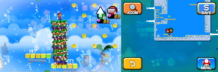 Mario and Luiginoids (in the shape of a stack) near 100 Coins, 2 50-Coins and 100-Coin (with 12 Coins visible) in Dreamy Wakeport accessed by Big Massif's Dreampoint of Mario & Luigi: Dream Team.