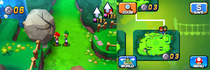 Mario and Luigi near a boulder containing a Coin in Mushrise Park of Mario & Luigi: Dream Team.