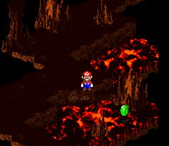 Mario finding first Frog Coin in Barrel Volcano of Super Mario RPG: Legend of the Seven Stars.