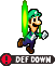 Luigi under the "DEF Down" status ailment.