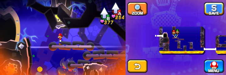 Mario and Luigi near 2 Coins and a 100-Coin (with one Coin visible) in Dreamy Neo Bowser Castle accessed by the third Koopa Clown Car Dreampoint of Mario & Luigi: Dream Team.