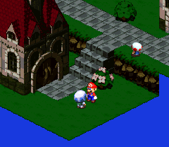 Toad giving Mario a Flower Tab in exchange for the Wallet in the Mushroom Kingdom of Super Mario RPG: Legend of the Seven Stars.