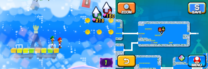 Mario and Luigi near 20 Coins (with 5 visible) in Dreamy Wakeport accessed by the Bedsmith Pi'illo/Pi'iloper's Dreampoint of Mario & Luigi: Dream Team.