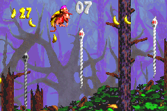 The Kongs in the second Bonus Area of Ghostly Grove in the Game Boy Advance port of Donkey Kong Country 2: Diddy's Kong Quest