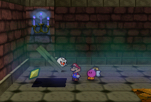 Mario finding a Star Piece under a hidden panel in the Boots room in Boo's Mansion in Paper Mario