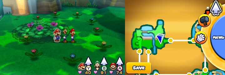 Group near 10 spinny flowers containing a Five Coin each in Gloomy Woods of Mario & Luigi: Paper Jam.