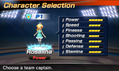 Rosalina's stats in the soccer portion of Mario Sports Superstars