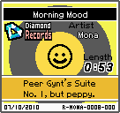 The shelf sprite of one of Mona's records (Morning Mood) in the game WarioWare: D.I.Y., as it appears on the top screen.