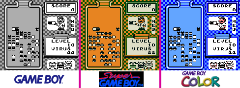 The Game Boy version of Dr. Mario (game), comparing the default palettes for the game of Game Boy (grayscale, not green), Super Game Boy and Game Boy Color.
