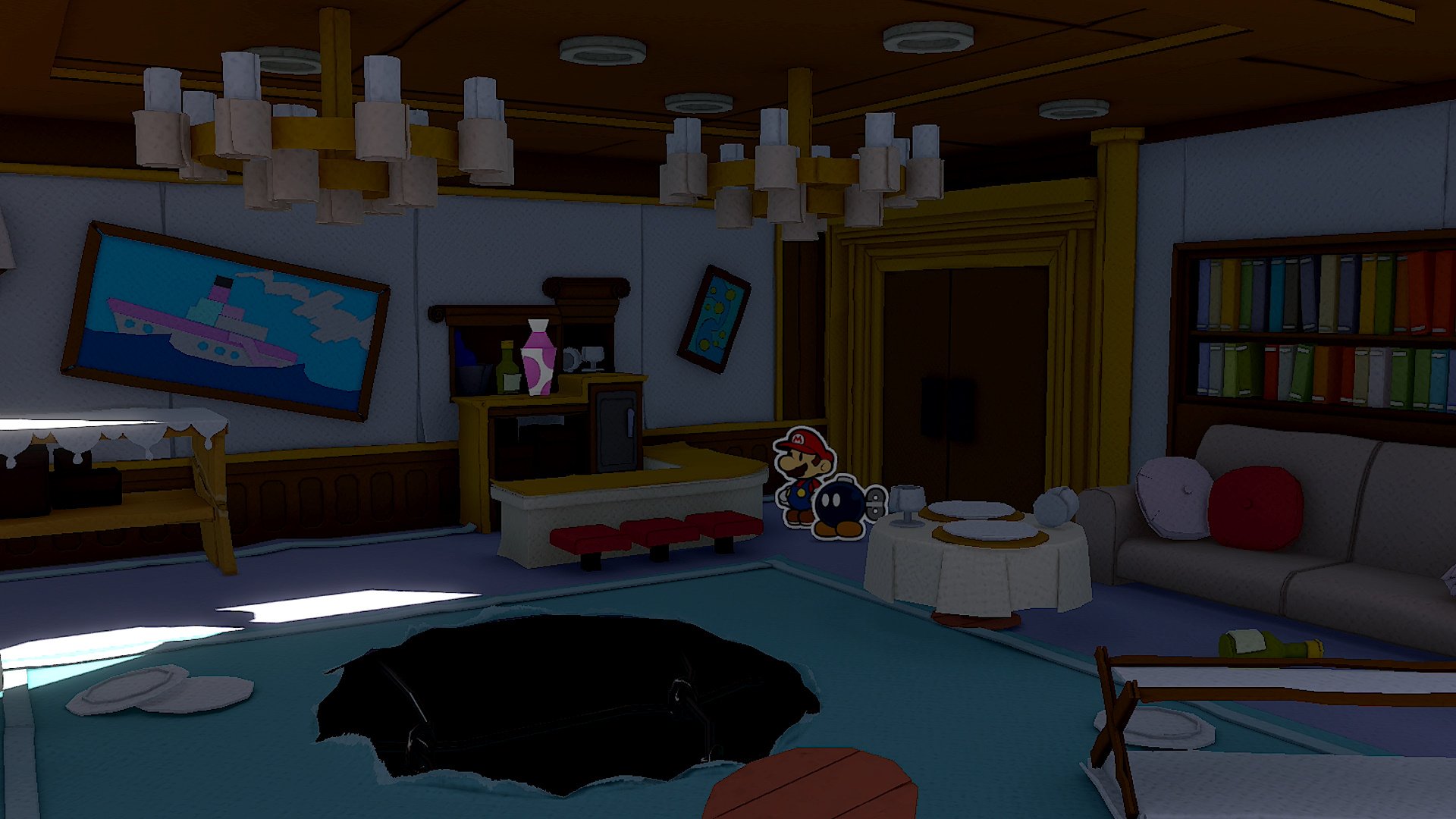 Mario and Bob-omb explore the damaged Princess Peach