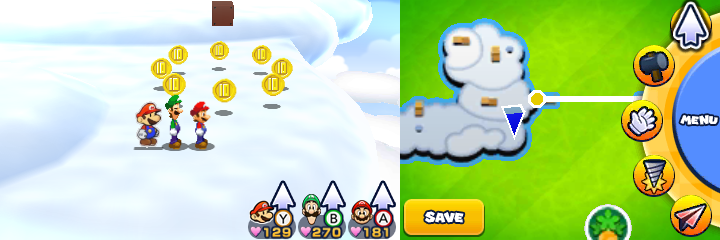 Group near 8 10-Coins in Sunbeam Plains of Mario & Luigi: Paper Jam.