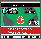 The shelf sprite of one of Ashley's records (Voice Train) in the game WarioWare: D.I.Y., as it appears on the top screen.