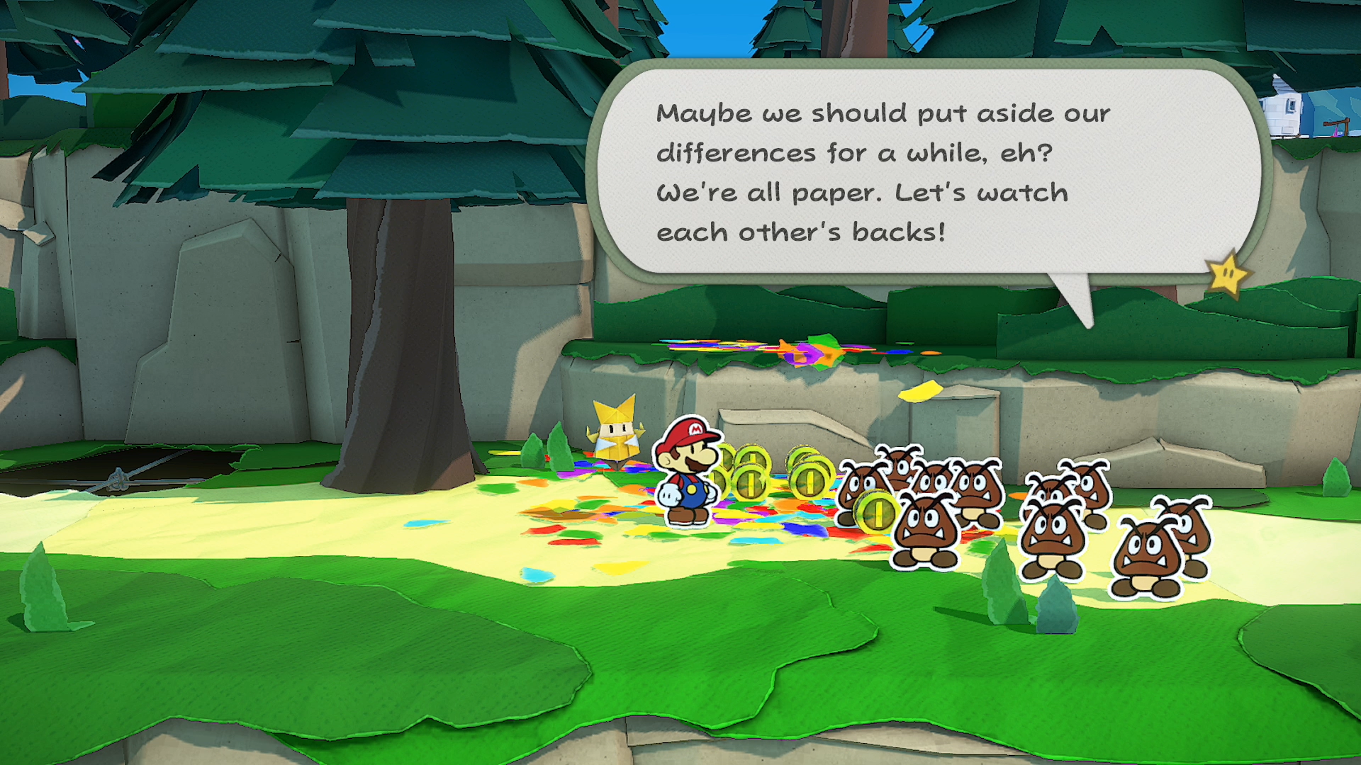 Mario encountering a group of Goombas