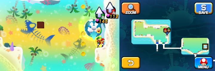 Mario and Luigi near 5 Coins (with 4 visible) in Dreamy Driftwood Shore housing Seadric the Seadring of Mario & Luigi: Dream Team.