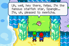Screenshot of Mario and Luigi talking to Spangle, in Mario & Luigi: Superstar Saga