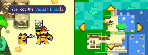 Bowser getting the Vacuum Block from Broque Monsieur in Plack Beach of Mario & Luigi: Bowser's Inside Story.