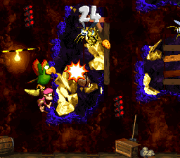 Dixie Kong and Squawks in the third Bonus Level of Squawks's Shaft