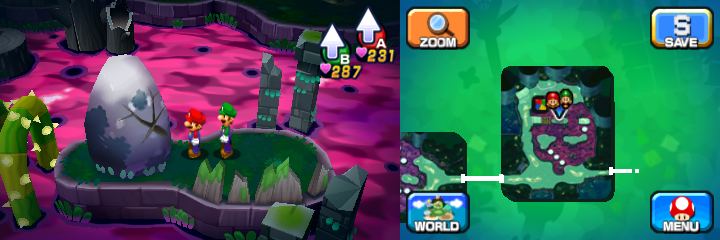 Mario and Luigi near a boulder containing a Coin in Somnom Woods of Mario & Luigi: Dream Team.