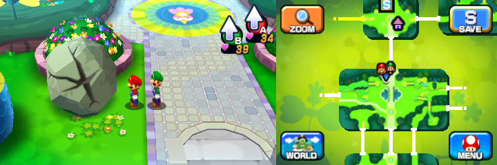 Mario and Luigi near a boulder containing a Coin in Mushrise Park of Mario & Luigi: Dream Team.