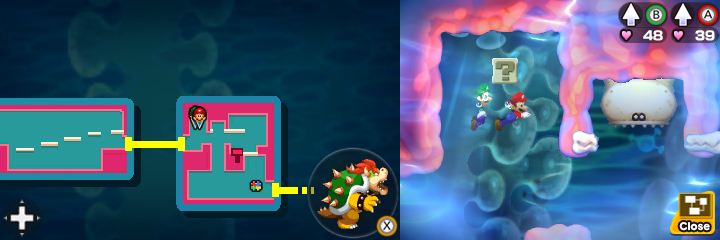 Sixteenth block in Pump Works of Mario & Luigi: Bowser's Inside Story + Bowser Jr.'s Journey.